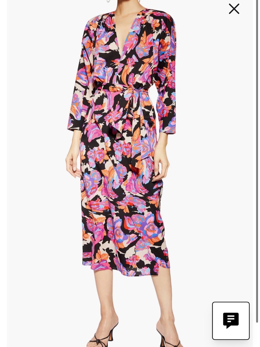 Topshop Black Floral V-Neck Tie-Waist Midi Dress with Pink and Orange Accents